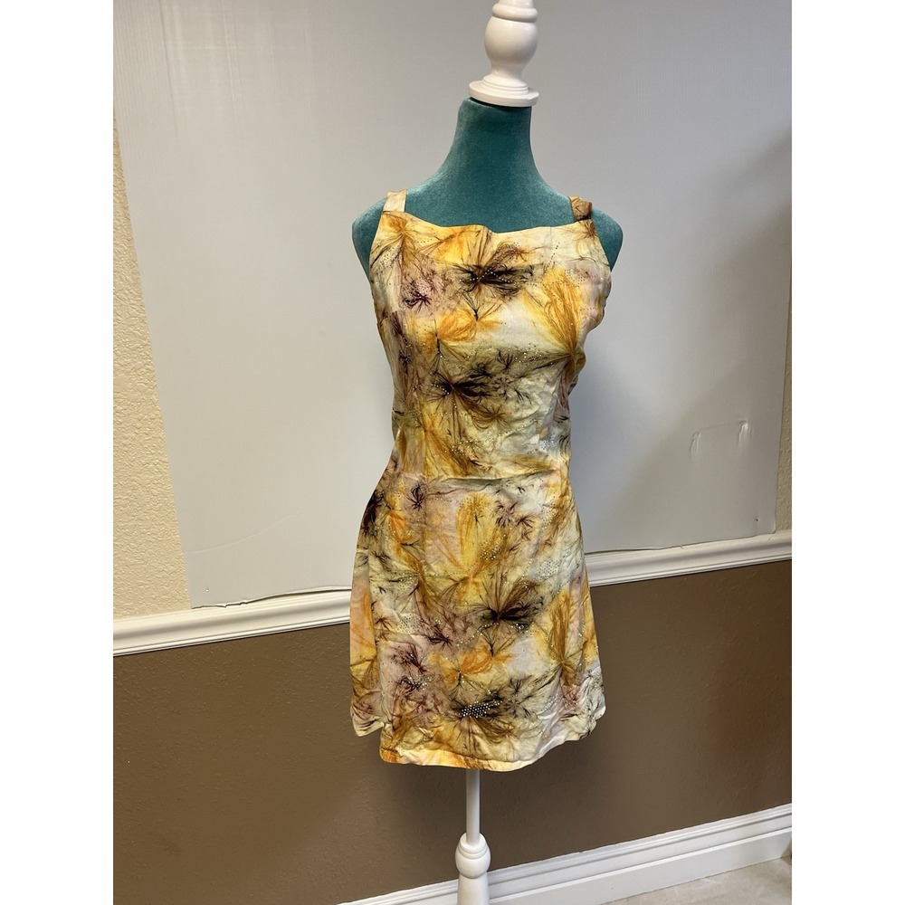 Vintage Y2K Beaded Sheer Floral Mini Dress Gold Brown Fairycore Boho